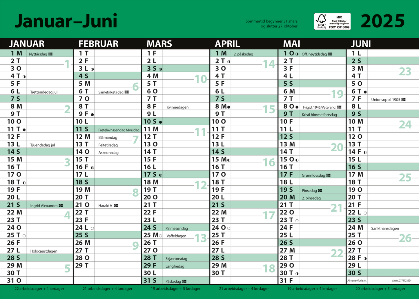 7.sans Kontorkalender, enkel A4 med linjer 2025
