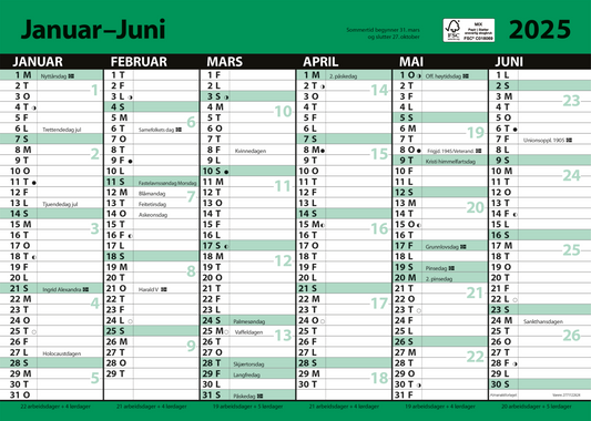 7.sans Kontorkalender, enkel A4 med linjer 2025
