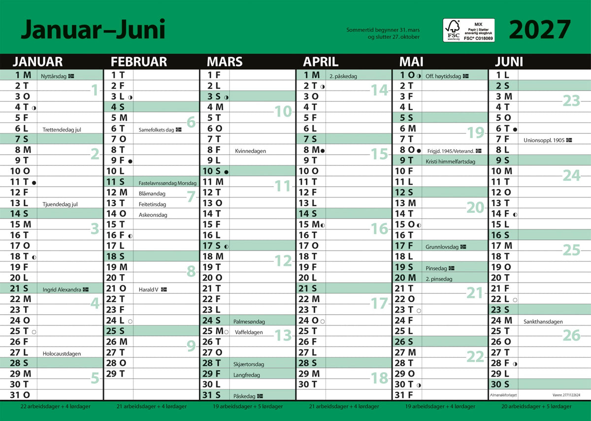 7.sans Kontorkalender, enkel A4 med linjer 2027
