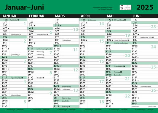 7.sans Kontorkalender, enkel A3 med linjer 2025