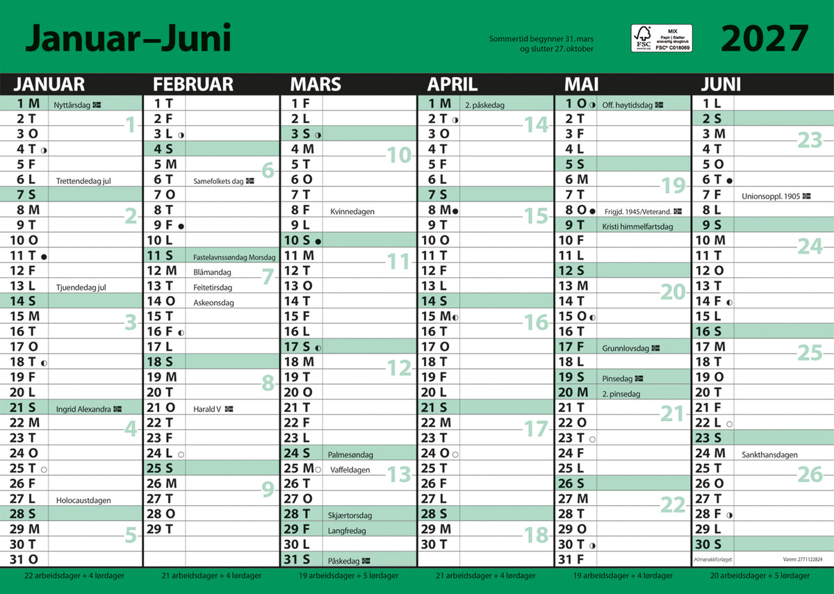 7.sans Kontorkalender, enkel A3 med linjer 2027