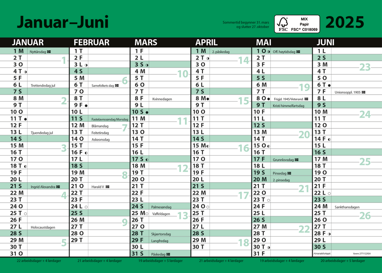 7.sans Kontorkalender, enkel A5 med linjer 2025