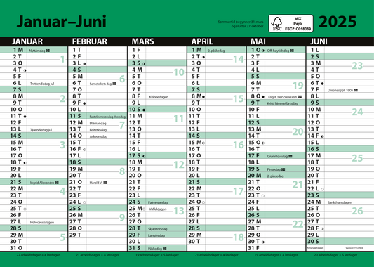 7.sans Kontorkalender, enkel A5 med linjer 2025