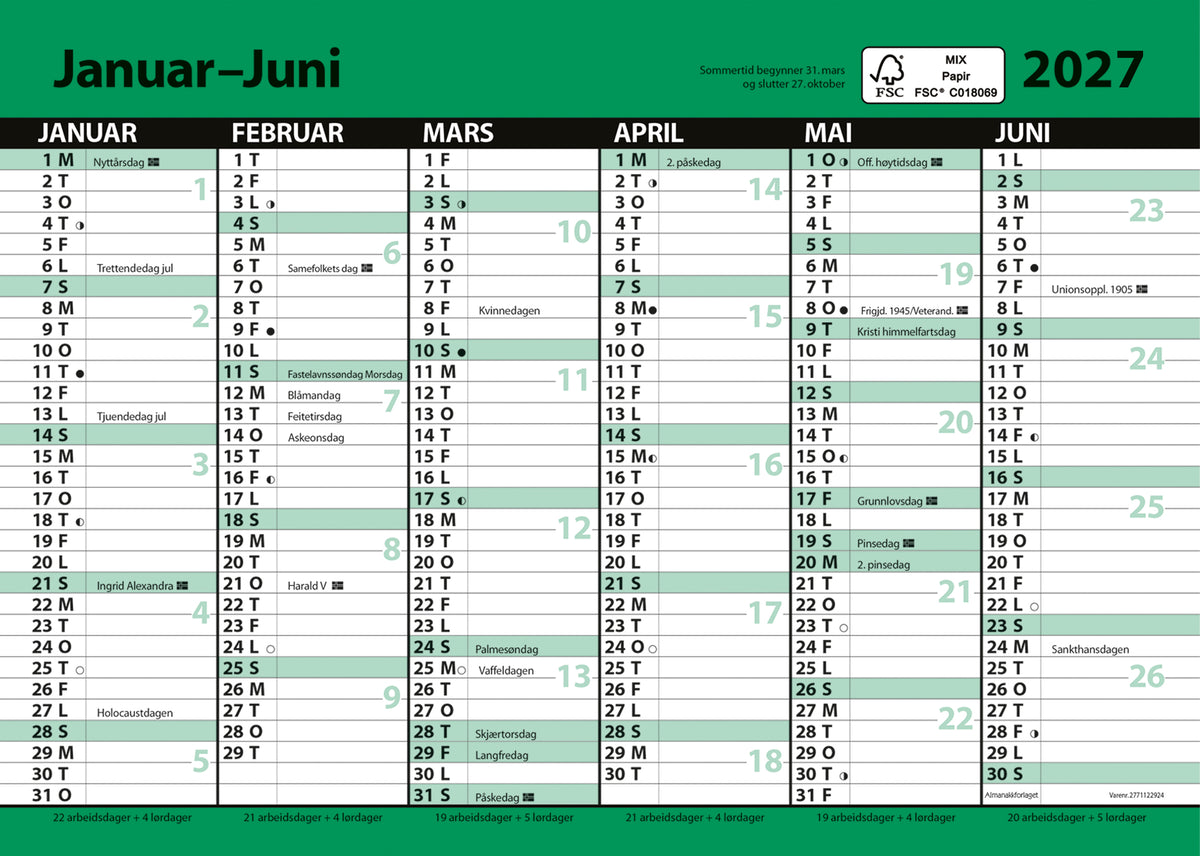 7.sans Kontorkalender, enkel A5 med linjer 2027