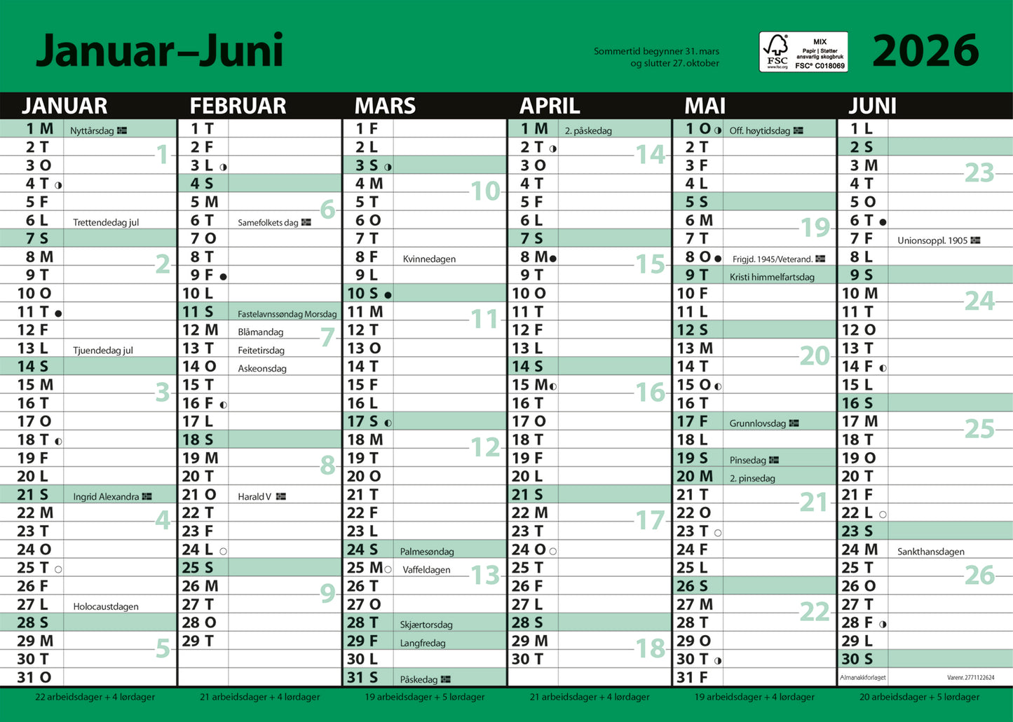 7.sans Kontorkalender, enkel A4 med linjer 2026