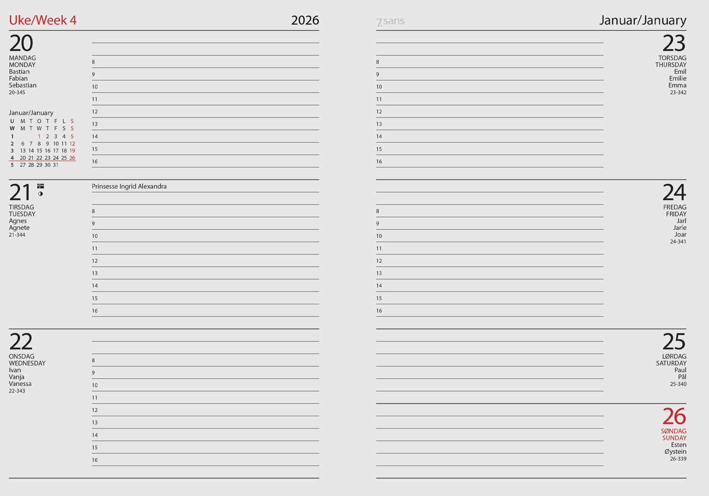 7.sans Datum A5, innbundet 2026