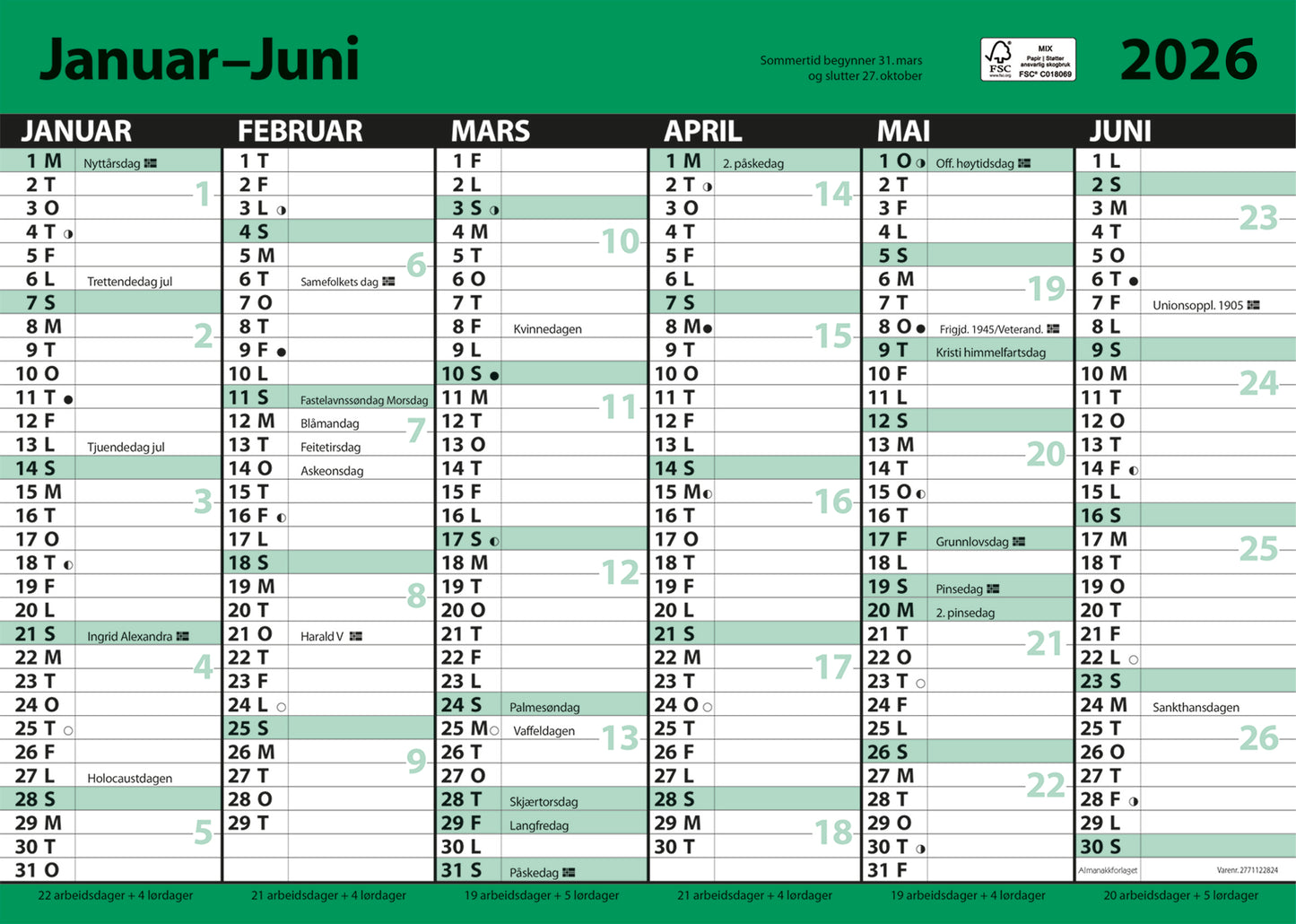 7.sans Kontorkalender, enkel A3 med linjer 2026