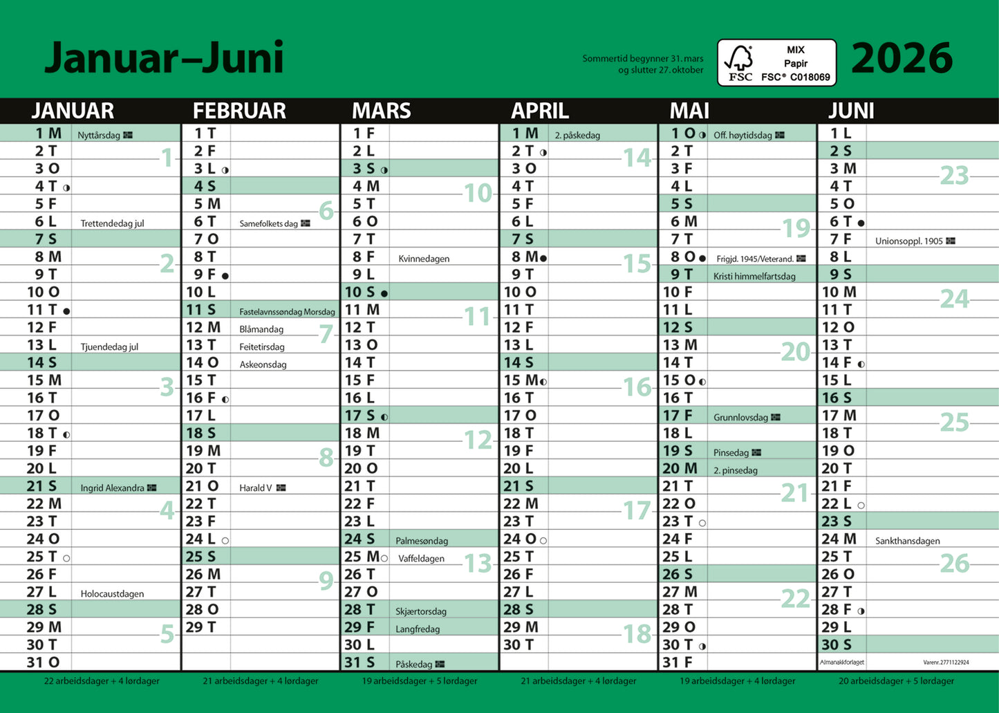 7.sans Kontorkalender, enkel A5 med linjer 2026