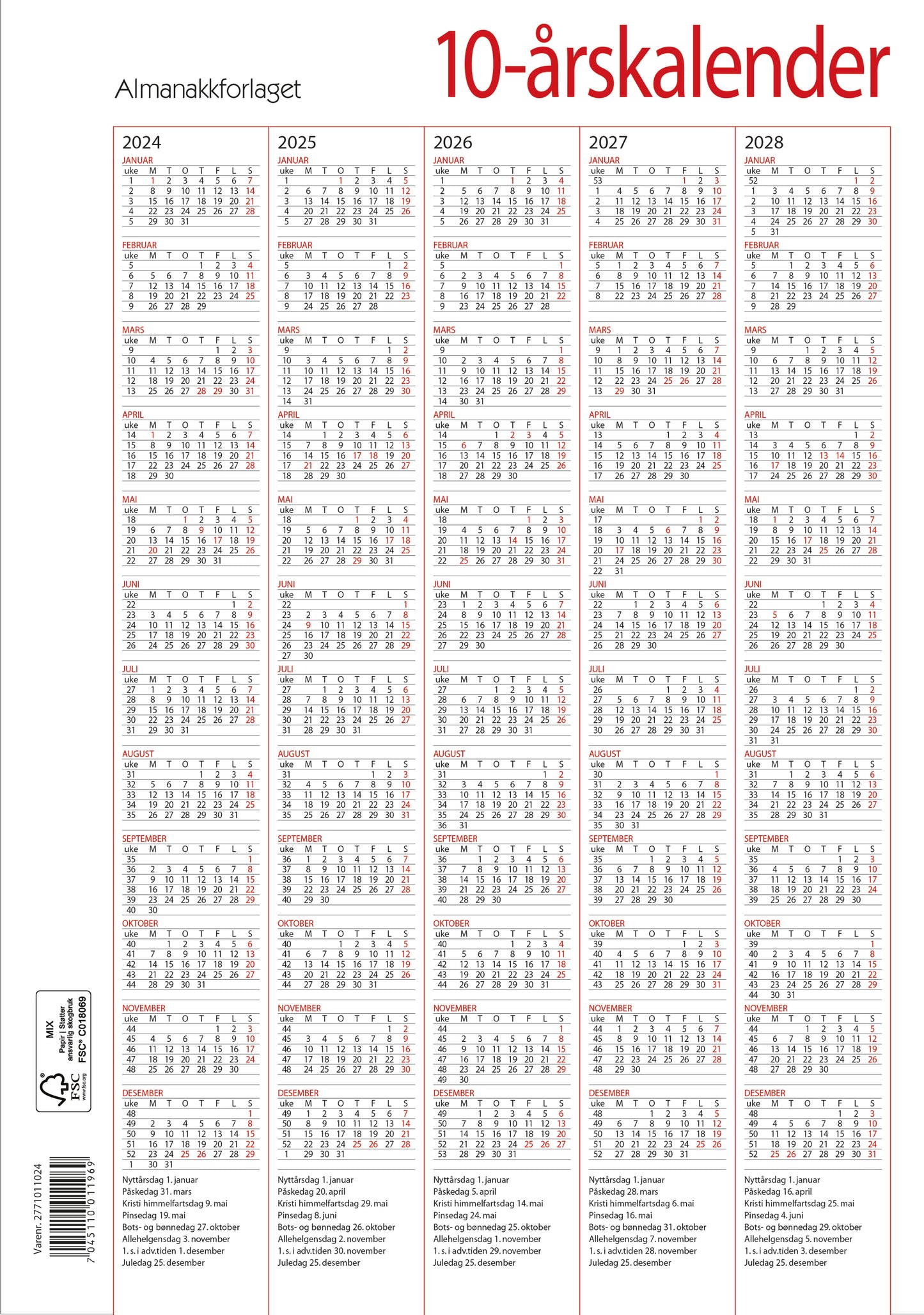 Tiårskalender A4 2024-2033, side med et halvår