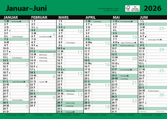 7.sans Kontorkalender, enkel A4 med linjer 2026