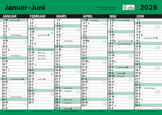 7.sans Kontorkalender, enkel A3 med linjer 2026