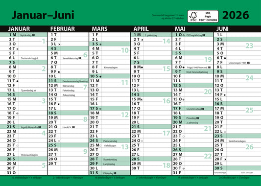 7.sans Kontorkalender, enkel A5 med linjer 2026